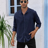 kkboxly kkboxly  Men's Stylish Loose Solid Shirt, Casual Slightly Stretch Breathable Button Up Long Sleeve Shirt Top For City Walk Street Hanging Outdoor Activities