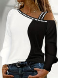 kkboxly  Rhinestone Color Block T-Shirt, Casual Long Sleeve Cold Shoulder T-Shirt, Women's Clothing