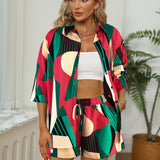 kkboxly  Casual Color Block Two-piece Set, Drop Shoulder Shirt & Drawstring Shorts Outfits, Women's Clothing