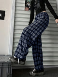 kkboxly  Plus Size Casual Pants, Women's Plus Plaid Print Elastic High Rise Wide Leg Trousers With Pockets