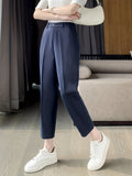 kkboxly  Solid Cropped Tailored Pants, Casual Back Elastic Waist Pants, Women's Clothing