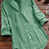 kkboxly  Plus Size Casual Blouse, Women's Plus Gingham Print Turn Down Collar Long Sleeve Shirt