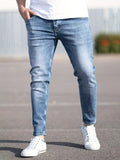 kkboxly  Light Wash Cotton Slim Fit Jeans, Men's Casual Street Style Mid Stretch Denim Pants For Spring Summer