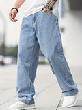 kkboxly  Loose Fit Wide Leg Jeans, Men's Casual Street Style Denim Pants For All Seasons