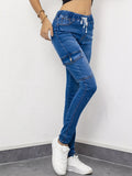 Blue Elastic Waist Skinny Jeans, Slim Fit High-Stretch Flap Pockets Cargo Denim Pants, Y2K & Kpop Style, Women's Denim Jeans & Clothing