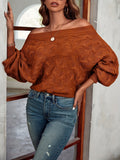 kkboxly  Solid Off Shoulder Pullover Sweater, Casual Lantern Sleeve Loose Sweater, Women's Clothing