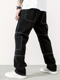 Pocket Men's Straight Leg Cargo Pants, Loose Trendy Outdoor Pants, Mens Denim Pants