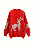 Cozy Red Christmas Elk Pullover Sweater - Teen Girls' Baggy Comfy Long Sleeve Knitted Jumper Tops for Casual Winter Wear - Soft, Warm, and Festive Holiday Gift Idea