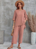 kkboxly Solid Simple Two-piece Est, Crew Neck 3/4 Sleeve Tops & Wide Leg Pants Outfits, Women's Clothing