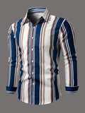 kkboxly  Vintage Color Block Stripe Pattern, Men's Casual Long Sleeve Button Up Shirt, Spring Fall