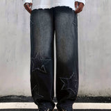 kkboxly  Star Pattern Baggy Jeans, Men's Casual Street Style Loose Fit Denim Pants For All Seasons