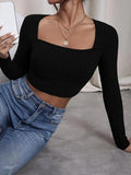 Solid Square Neck T-shirt, Casual Long Sleeve Crop Slim Top, Women's Clothing