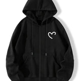 xieyinshe  Women's Heart Graphic Zipper Up Long Sleeve Casual Sports Hooded Sweatshirt, Pocket Front Thermal Drawstring Hoodie, Women's Tops