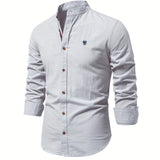 kkboxly  Solid Color Men's Cotton Long Sleeve Button Up Shirt With Stand Collar, Spring Fall