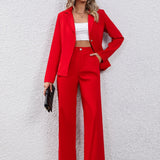 kkboxly Elegant Solid Two-piece Set, Lapel One Button Blazer & High Waist Wide Leg Pants Outfits, Women's Clothing