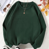 kkboxly  Plus Size Casual Sweatshirt, Women's Plus Solid Liner Fleece Long Sleeve Crew Neck Slight Stretch Pullover Sweatshirt, Casual Tops For Fall & Winter, Plus Size Women's Clothing