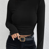 kkboxly  Solid Mock Neck T-shirt, Elegant Long Sleeve Slim Top For Spring & Fall, Women's Clothing