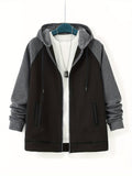 Plus Size Men's Full Zip Hoodies, Color Block Long Sleeve Drawstring Jacket Best Sellers