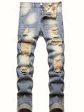 kkboxly  Regular Fit Ripped Jeans, Men's Casual Street Style Distressed Denim Pants For All Seasons