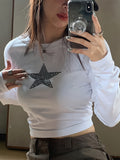 Star Rhinestone Crew Neck Crop Tee, Y2K Long Sleeve T-Shirt For Spring & Fall, Women's Clothing