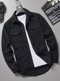 Men's Loose Fit Solid Color Lapel Collar Long Sleeve Denim Jacket With Pockets, Men's Outfits