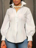 kkboxly Tucked Solid Shirt, Elegant Button Front Puff Sleeve Shirt, Women's Clothing