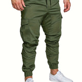 kkboxly  Cotton Blend Solid Color Multi Flap Pockets Men's Joggers Cargo Pants, Loose Casual Outdoor Pants, Men's Work Pants