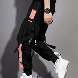 kkboxly Multi-pocket Ribbon Design, Men's Color Block Cargo, Trendy Comfy Jogger Pants