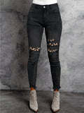 kkboxly  Leopard Print Ripped Skinny Jeans, Embossed Crotch Raw Hem Long Pants, Women's Denim Jeans & Clothing