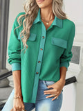 Contrast Trim Textured Shirt, Casual Button Front Long Sleeve Shirt, Women's Clothing