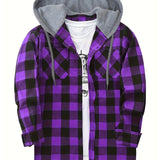 kkboxly  Plaid Shirt Coat For Men Long Sleeve Casual Regular Fit Button Up Hooded Shirts Jacket