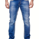 kkboxly  Classic Design Slim Fit Jeans, Men's Casual Street Style Solid Color Mid Stretch Denim Pants For Spring Summer