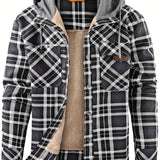 kkboxly  100% Cotton Classic Plaid Men's Hooded Jacket Fleece Lined Casual Long Sleeve Sherpa Lined Hoodies Hooded Shirt Coat For Autumn Winter