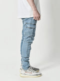 kkboxly  Multi Pocket Slim Fit Jeans, Men's Casual Street Style Distressed Denim Pants