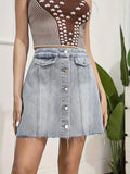 Single-breasted Button Fly Exposed Stitching Seam Denim Skirt, High Waist Light Wash Frayed Hem A-line Mini Denim Skirt, Women's Denim Jeans & Clothing