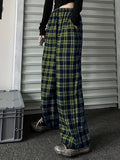 kkboxly  Plus Size Casual Pants, Women's Plus Plaid Print Elastic High Rise Wide Leg Trousers With Pockets