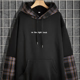 kkboxly  Plaid Sleeve Cool Hoodies For Men, Men's Casual Graphic Design Pullover Hooded Sweatshirt With Kangaroo Pocket Streetwear For Winter Fall, As Gifts