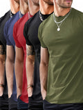 kkboxly  5pcs Men's Fashion Sports T-shirt, Casual Stretch Round Neck Tee Shirt For Summer