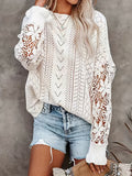 Solid Crew Neck Contrast Lace Pullover Sweater, Casual Long Sleeve Sweater For Spring & Winter, Women's Clothing