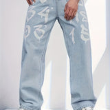 kkboxly  Letter Print Baggy Jeans, Men's Casual Loose Fit Street Style Distressed Wide Leg Jeans