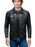 kkboxly  Men's Faux Leather Windbreaker Plain Black Zipper Long Sleeve PU Jacket For Motorcycle