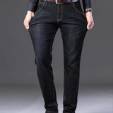 kkboxly  Men's Straight Leg Slim Stretch Retro Jeans Mid Waist Basic Zipper Wash Denim Pants