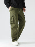 kkboxly  Men's Trendy Solid Cargo Pants With Multi Pockets, Casual Straight Leg Loose Fit Trousers For Outdoor