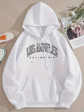 Los Angeles Letter Print Drawstring Hoodie, Casual Long Sleeve Pocket Sweatshirt, Women's Clothing