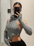 kkboxly  Backless Turtle Neck Top, Sexy Raw Trim Hanky Hem Crop Knit Top With Arm Sleeve, Women's Clothing