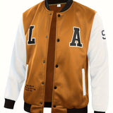 kkboxly  "LA" Print Varsity Jacket, Men's Casual Color Block Button Up Jacket For Spring Fall School Baseball