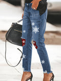 Stylish Ripped Denim Jeans - Women Jeans with Christmas Snowflake & Plaid Print Fringe Trim, High Rise, Button Fly, Tapered Leg, Comfortable Denim Pants for Casual Wear