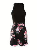 kkboxly  Casual Spring & Summer Two-piece Set, Solid Sleeveless Top & Floral Print Ruched Shorts Outfits, Women's Clothing