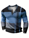 kkboxly  Vintage Color Block Men's Long Sleeve Round Neck Henley Shirt, Spring Fall Stretch Top