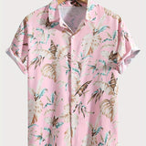 kkboxly  Tropical Leaf Retro Hawaiian Shirt, Men's Casual Button Up Short Sleeve Shirt For Summer Vacation Resort